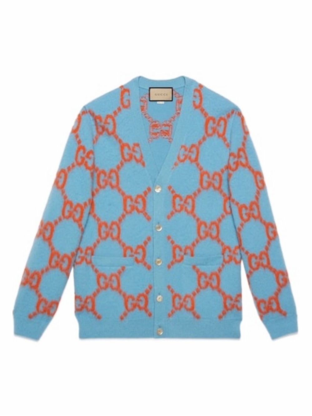 Gucci Men’s GG-intarsia Cardigan in Light Blue/Orange